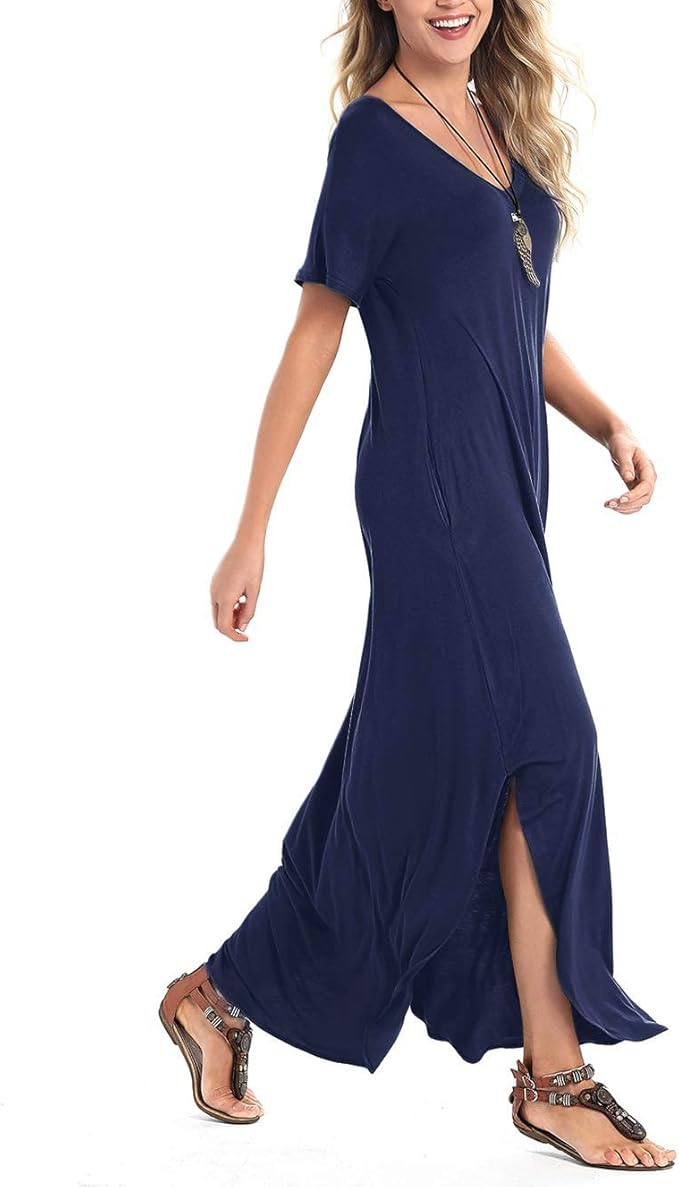 Arolina Women's Summer Maxi Dress Short Sleeve V Neck Casual Loose Long Beach Split Dresses with Pockets