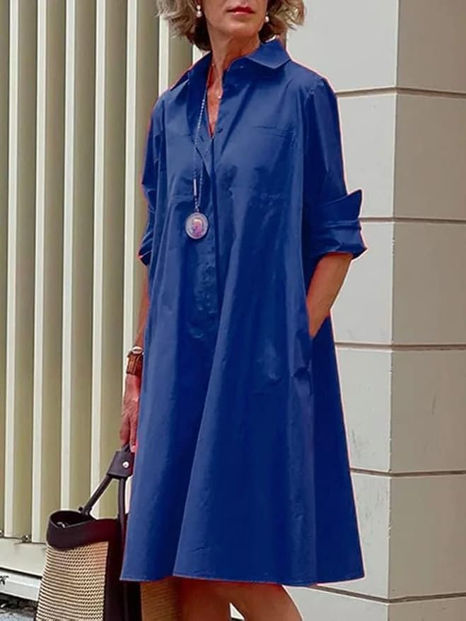 Womens 2025 Long Sleeve Button Down Shirt Summer Dress Casual V Neck Loose Fit Midi Shirt Dresses with Pockets