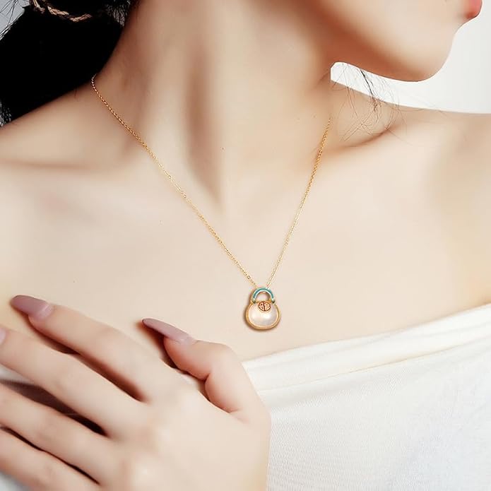 AMINKINA 14K Gold Real Natural Jade Enamel Fortune Bag Necklace, Unique Vintage Style Jade Pendant, Delicate Jade Jewelry Gift for Wife's Prosperity
