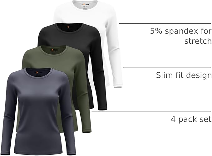 4 Pack Women's Underscrub Shirts Nurse Undershirts Long Sleeve Crewneck Slim Fit Tops Soft Stretchy Basic Tee