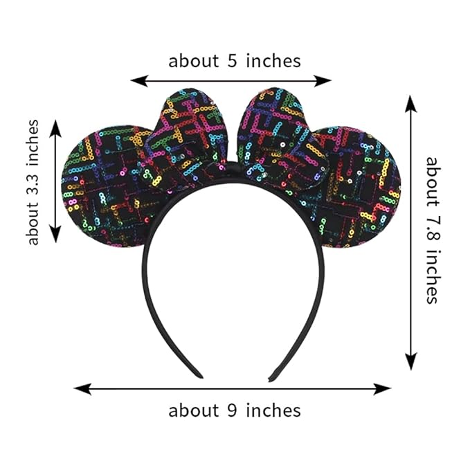 WW-WONDERFULWORLD Black Mouse Ears Headband with Rainbow Sequin, for Cartoon Princess Costume Cosplay Accessory, Glitter Christmas Party; H-XT