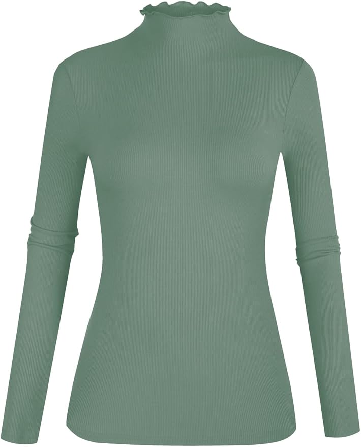 POPZONE Women's Lettuce Trim Mock Neck Long Sleeve Slim Fit Ribbed Knit Tee Shirt Tops
