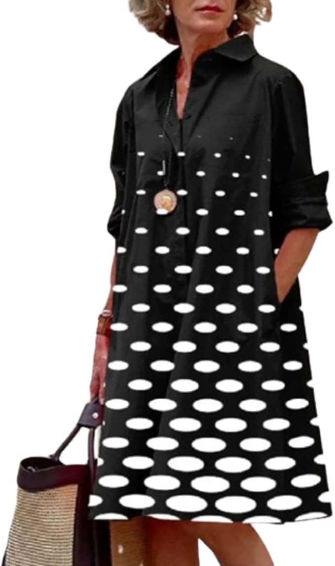 Womens 2025 Long Sleeve Button Down Shirt Summer Dress Casual V Neck Loose Fit Midi Shirt Dresses with Pockets