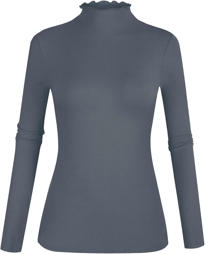 POPZONE Women's Lettuce Trim Mock Neck Long Sleeve Slim Fit Ribbed Knit Tee Shirt Tops