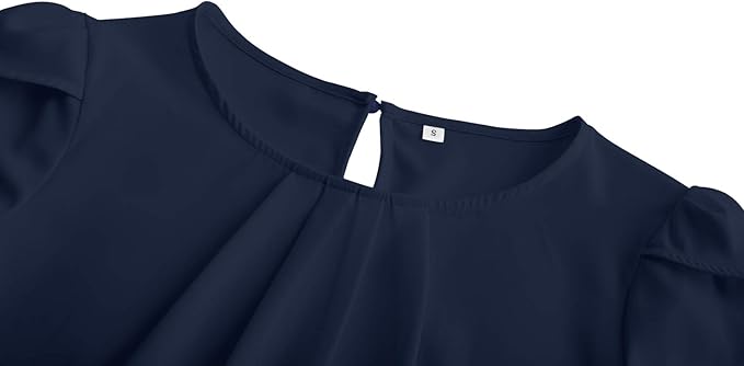 TASAMO Women's Casual Round Neck Basic Pleated Top Cap Sleeve Curved Keyhole Back Chiffon Blouse