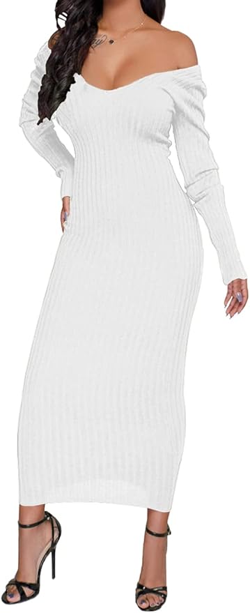 SheKiss Women's Off Shoulder Long Sleeves Bodycon Sweater Dress Sexy Knit Slim Cardigans