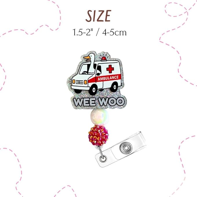 Wee Woo Ambulance Goose Badge Reel Funny Silly Healthcare Humor Paramedic EMT EMS Emergency ER ID Name Holder Alligator Clip Hospital Clinic Decorative Accessories Gifts for Nurses CNA Medical Staff