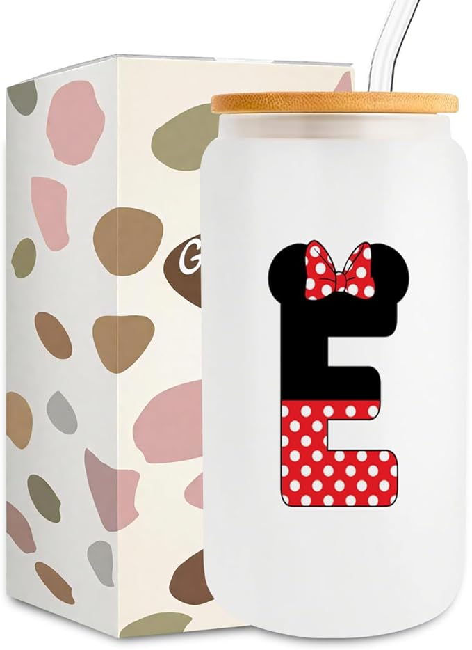 Cute Cartoon Mouse Lover Gifts Initial A-Z Personalized Iced Coffee Cup Magic Mouse Stuff Wizard Gift 16oz Glass Cup with Lid and Straws Birthday Christmas Gifts for Women Teen Girls (Letter E)