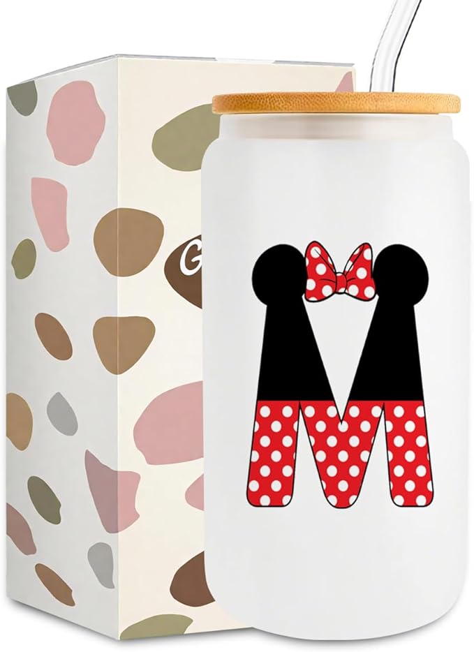 Cute Cartoon Mouse Lover Gifts Initial A-Z Personalized Iced Coffee Cup Magic Mouse Stuff Wizard Gift 16oz Glass Cup with Lid and Straws Birthday Christmas Gifts for Women Teen Girls (Letter M)