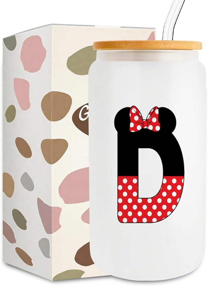 Cute Cartoon Mouse Lover Gifts Initial A-Z Personalized Iced Coffee Cup Magic Mouse Stuff Wizard Gift 16oz Glass Cup with Lid and Straws Birthday Christmas Gifts for Women Teen Girls (Letter D)