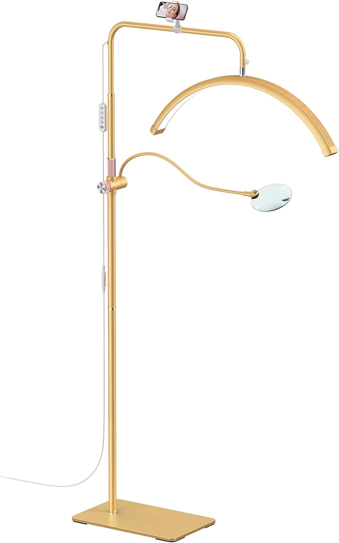 Half Moon Lash Light - Adjustable LED Floor Lash Lamp with 4X Magnifier & Phone Holder for Eyelash Extensions,Nail Art,Tattoo,Skincare,Salon SPA-Dimmable Brightness,Rotating Head, Gold