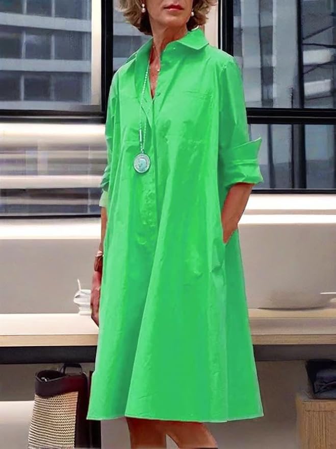 Womens 2025 Long Sleeve Button Down Shirt Summer Dress Casual V Neck Loose Fit Midi Shirt Dresses with Pockets