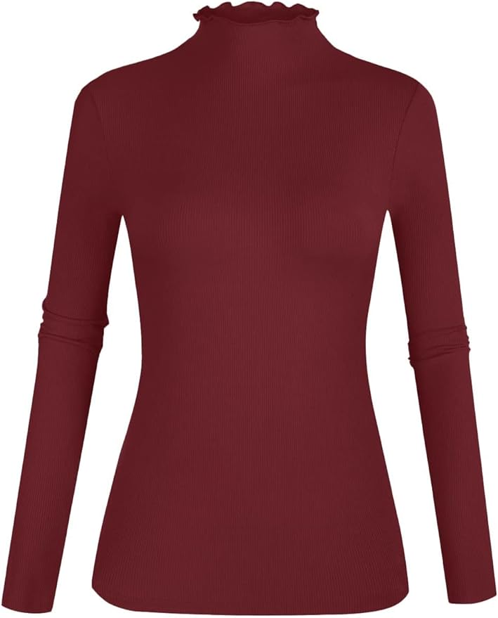 POPZONE Women's Lettuce Trim Mock Neck Long Sleeve Slim Fit Ribbed Knit Tee Shirt Tops