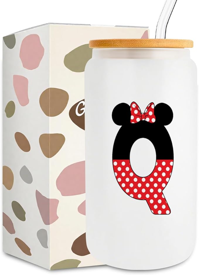 Cute Cartoon Mouse Lover Gifts Initial A-Z Personalized Iced Coffee Cup Magic Mouse Stuff Wizard Gift 16oz Glass Cup with Lid and Straws Birthday Christmas Gifts for Women Teen Girls (Letter Q)