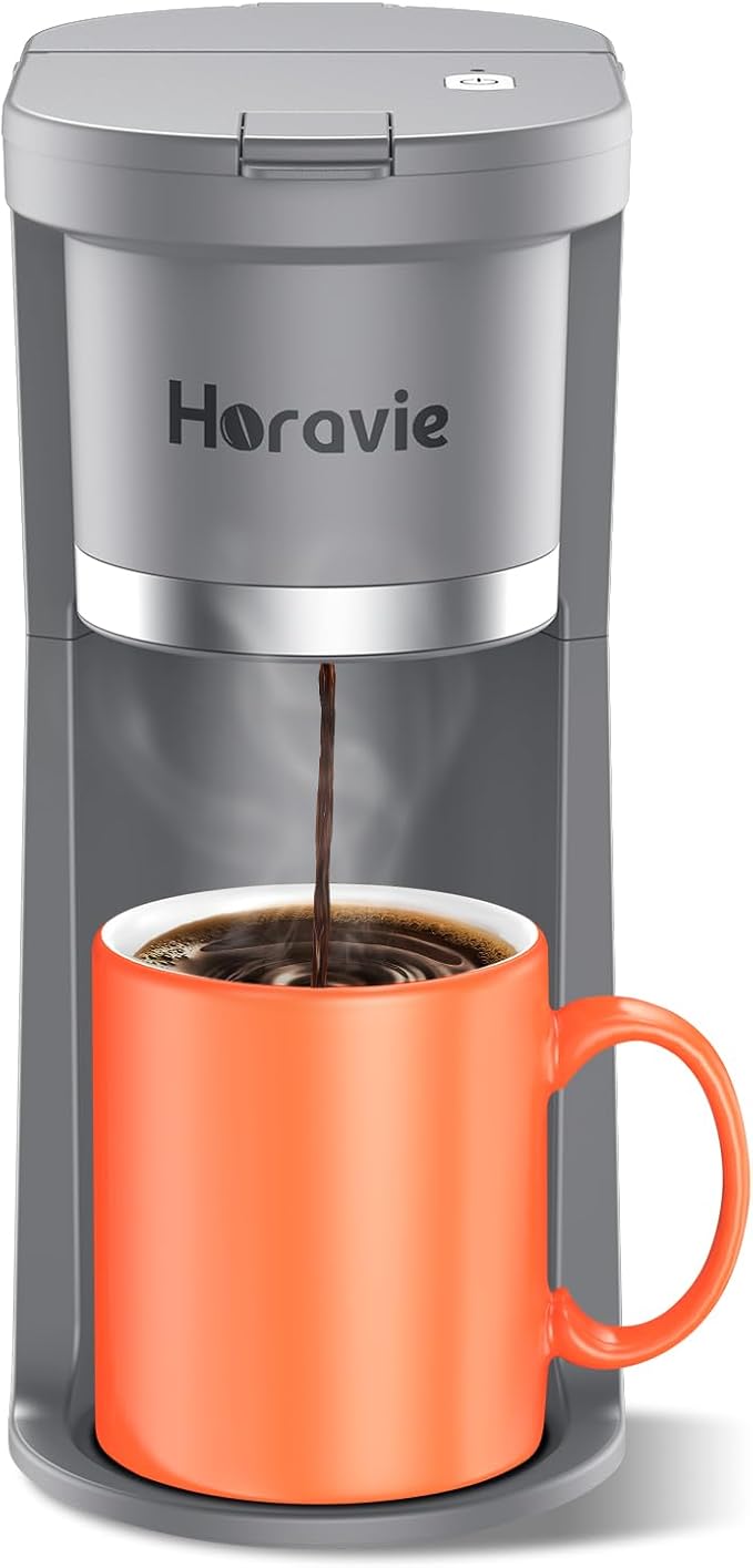 Horavie Small Single Serve Coffee Maker, 2 in 1 Fast Brew One Cup Coffee Machine, 6 to 12 oz. Brew Sizes, Capsule Coffee Machine with Descaling Reminder, Fits 5.5" Mug, Grey