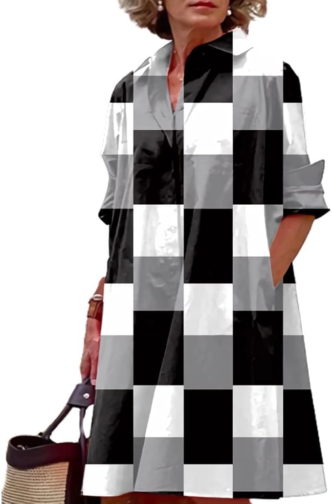 Womens 2025 Long Sleeve Button Down Shirt Summer Dress Casual V Neck Loose Fit Midi Shirt Dresses with Pockets