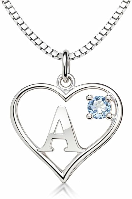 Icy Jewelry Silver Sterling Necklace Initial Letter A-Z Birthstone for Women – Personalized Custom Jewelry Pendant with Heart Design Customized Dainty Charm for Wife Girlfriend Mom – 18" Box Chain