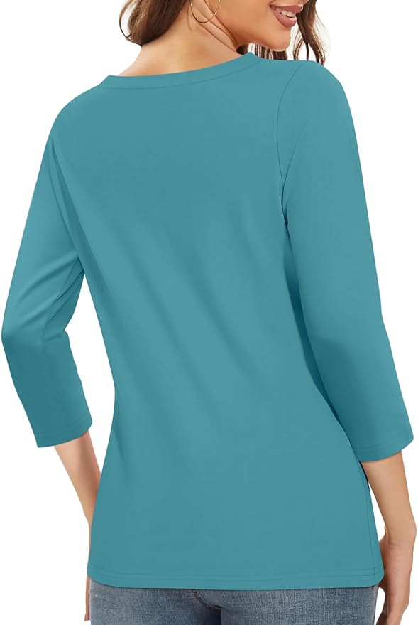 PGANDS Women's 3/4 Length Sleeve T Shirts Button Down Scoop Neck Casual Tops