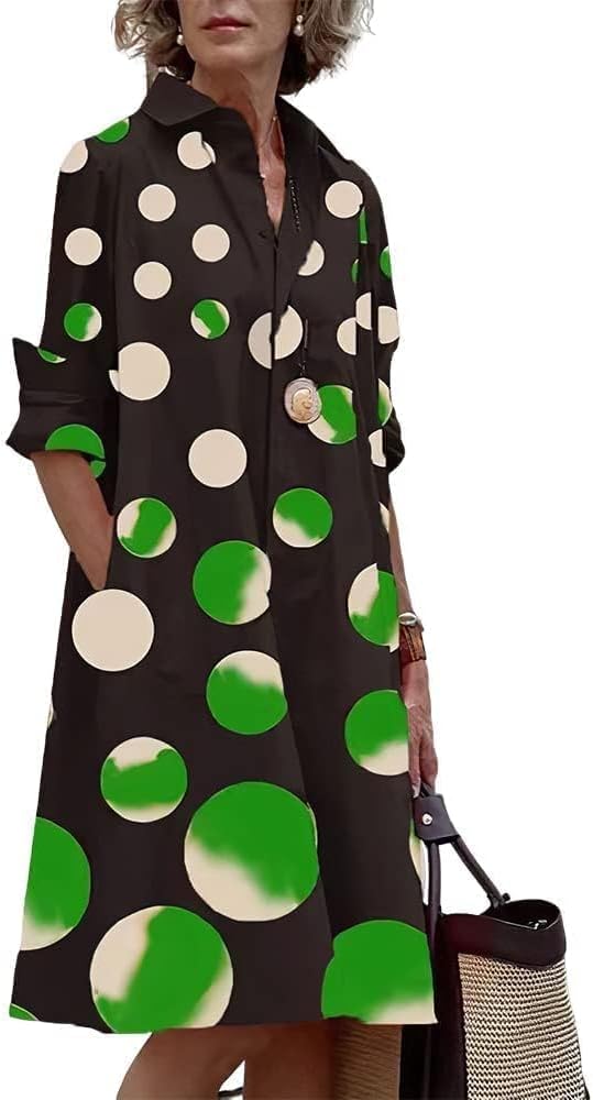Womens 2025 Long Sleeve Button Down Shirt Summer Dress Casual V Neck Loose Fit Midi Shirt Dresses with Pockets