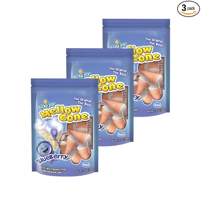 Ricky Joy® Mellow Cone Jelly Filled Marshmallow Cones, 3.53 oz Bag (Pack of 3) (Blueberry)