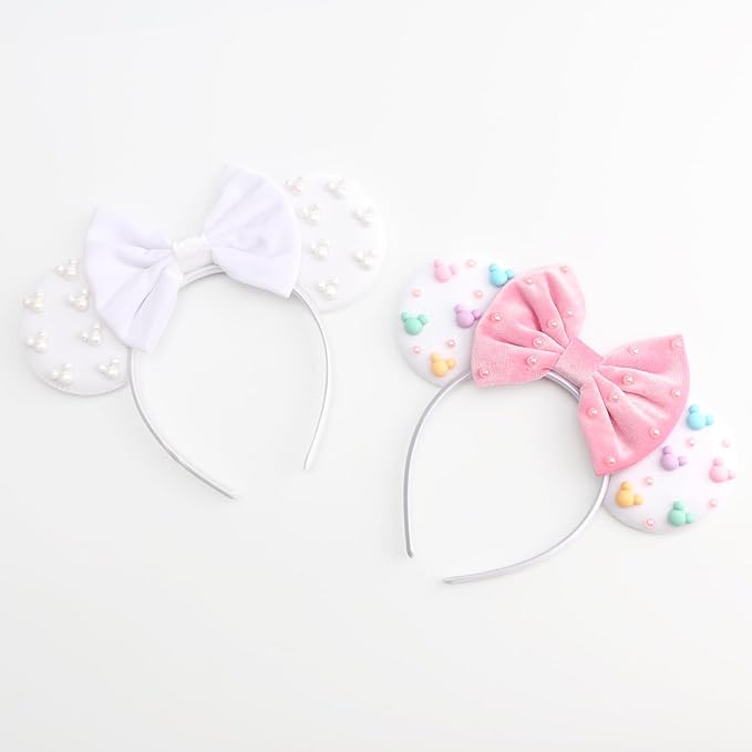 DRESHOW Mouse Ears Headbands for Women Plain White Pearl Mickey Ears Hairbands Bow Head Bands Velvet Head Band Cosplay Costume Princess Party Decorations Disney Trip