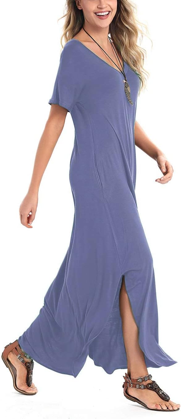 Arolina Women's Summer Maxi Dress Short Sleeve V Neck Casual Loose Long Beach Split Dresses with Pockets