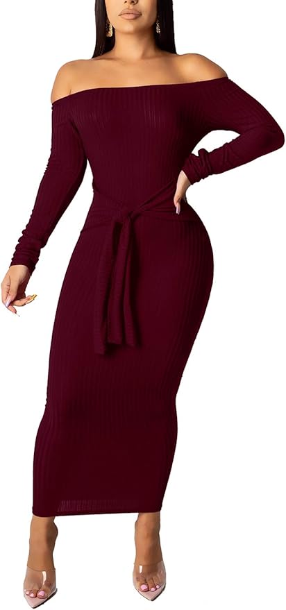 SheKiss Women's Off Shoulder Long Sleeves Bodycon Sweater Dress Sexy Knit Slim Cardigans
