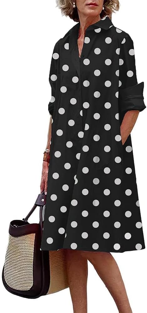 Womens 2025 Long Sleeve Button Down Shirt Summer Dress Casual V Neck Loose Fit Midi Shirt Dresses with Pockets