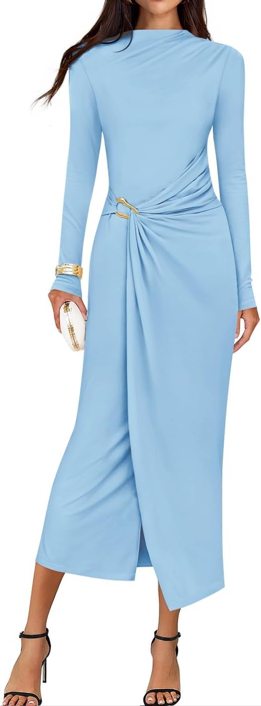 ZESICA Women's 2026 Spring Long Sleeve Bodycon Dress Mock Neck Wedding Guest Cocktail Party Long Midi Dresses