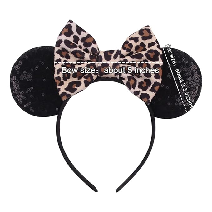 Foeran Mouse Ears Headbands Shiny Bows Mouse Ears Glitter Party Princess Decoration Cosplay Costume for Girls Women (Leopard print-1)