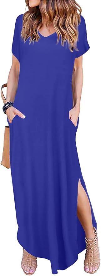 Arolina Women's Summer Maxi Dress Short Sleeve V Neck Casual Loose Long Beach Split Dresses with Pockets
