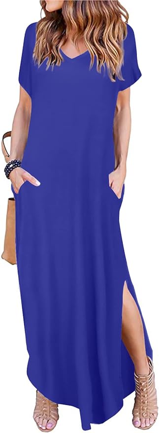 Arolina Women's Summer Maxi Dress Short Sleeve V Neck Casual Loose Long Beach Split Dresses with Pockets