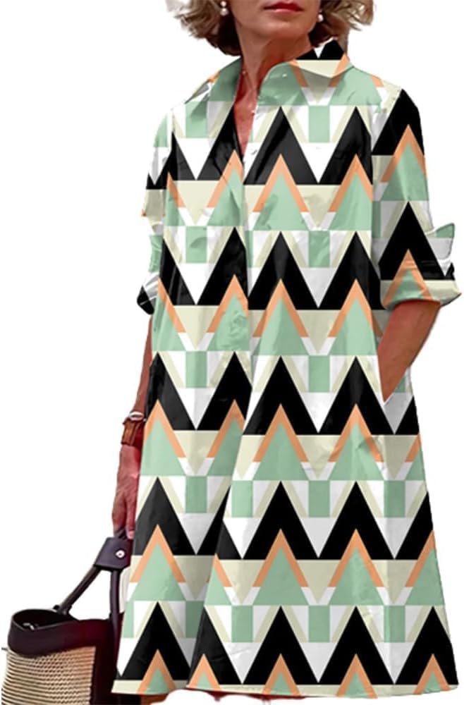 Womens 2025 Long Sleeve Button Down Shirt Summer Dress Casual V Neck Loose Fit Midi Shirt Dresses with Pockets