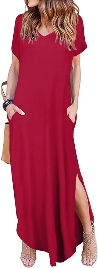 Arolina Women's Summer Maxi Dress Short Sleeve V Neck Casual Loose Long Beach Split Dresses with Pockets