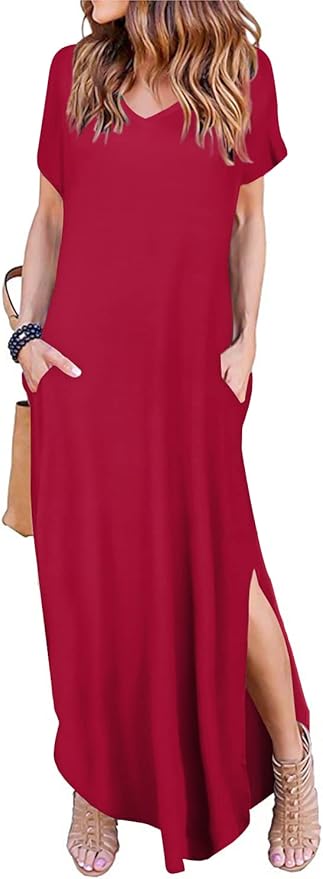 Arolina Women's Summer Maxi Dress Short Sleeve V Neck Casual Loose Long Beach Split Dresses with Pockets