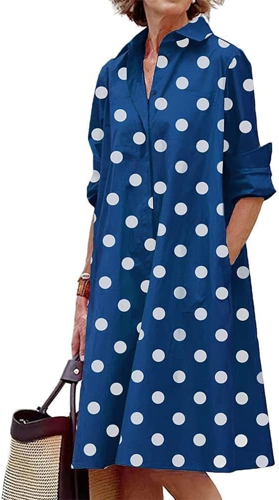 Womens 2025 Long Sleeve Button Down Shirt Summer Dress Casual V Neck Loose Fit Midi Shirt Dresses with Pockets