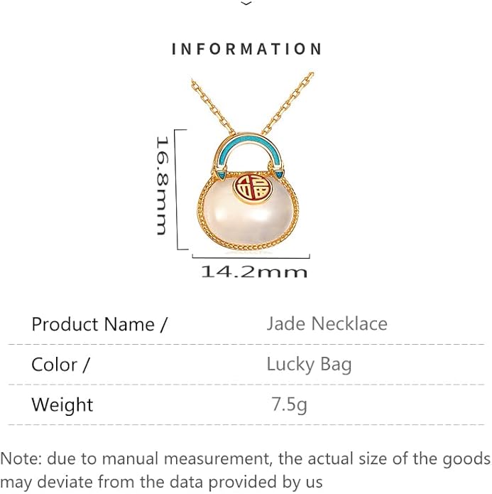 AMINKINA 14K Gold Real Natural Jade Enamel Fortune Bag Necklace, Unique Vintage Style Jade Pendant, Delicate Jade Jewelry Gift for Wife's Prosperity