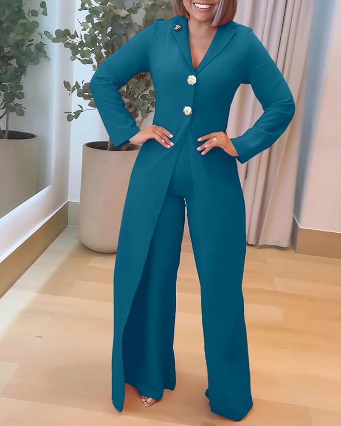 CHICME Womens Faux Two Piece Jumpsuits Casual Dressy Long Sleeve V Neck Wide Leg One Piece Outfits