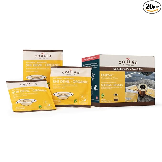Coulée EcoPour She Devil Coffee, Single Serve Pour Over Arabic Coffee, Medium Roast, Use for Camping or Traveling, Pre Filled Compostable Filters, Ready to Brew with Hot Water, 10 Pack