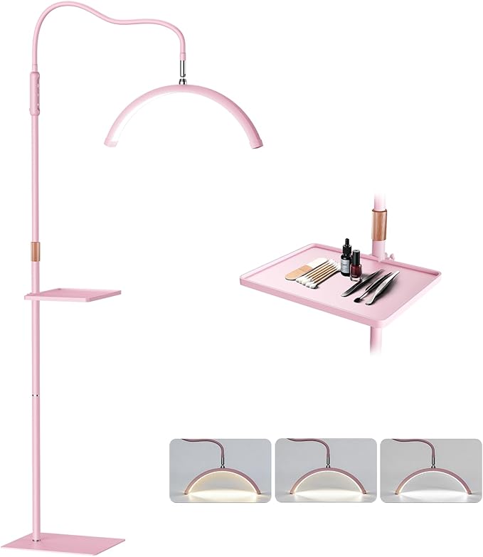 Lash Light for Eyelash Tech with Tray, Half Moon Light for Lashes and Estheticians, LED Floor Lash Lamp for Eyelash Extensions, Nail Art, Tattoo Art and Skincare (Pink)