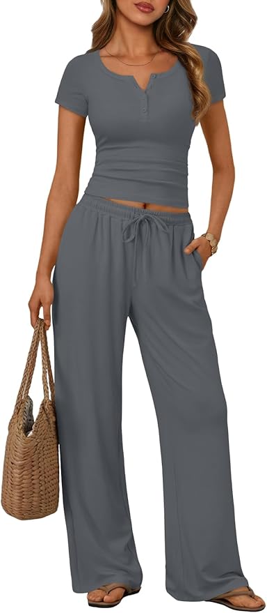 Trendy Queen Women's 2 Piece Matching Lounge Sets Summer Henley Neck Slightly Crop Top Wide Leg Pants Casual Sweat Suit