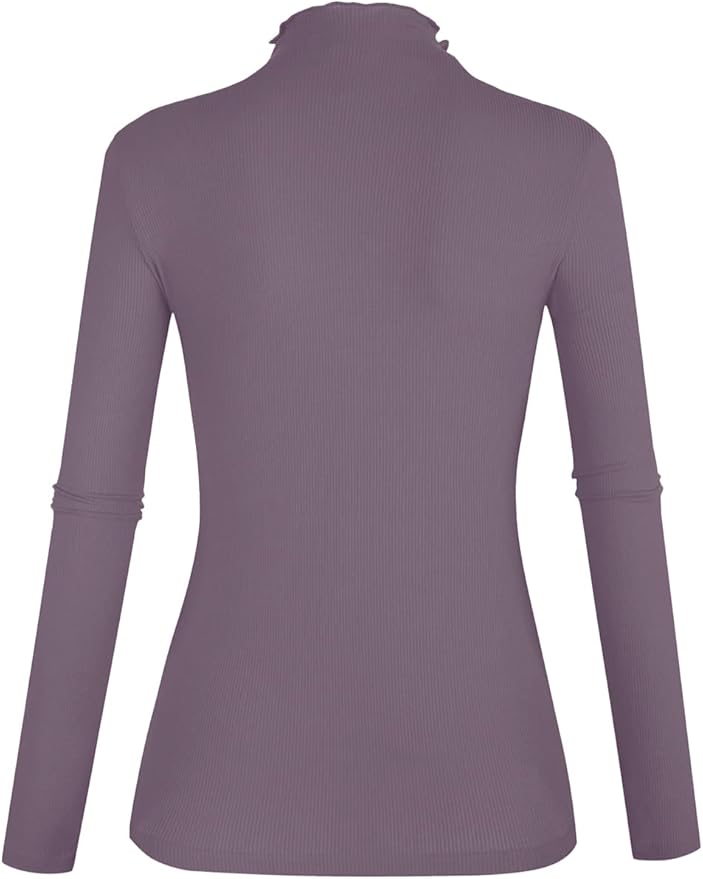 POPZONE Women's Lettuce Trim Mock Neck Long Sleeve Slim Fit Ribbed Knit Tee Shirt Tops
