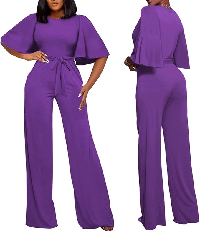 BessCops Womens Loose Short Sleeve Belted Wide Leg Pant Romper Jumpsuit Casual Business One Piece Outfits