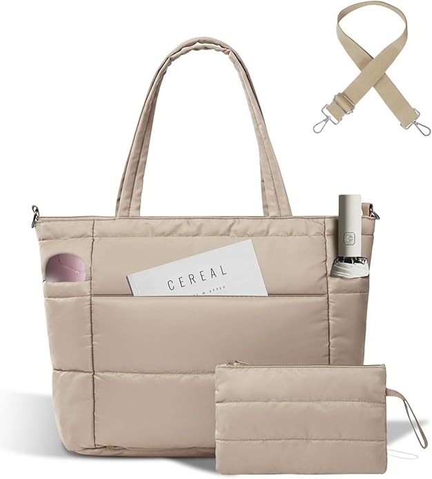 Moyad Puffy Tote Bag for Women with Zipper, Lightweight Quilted Bags Shoulder Handbag for Work, Travel, Gym, Nurse, Teacher