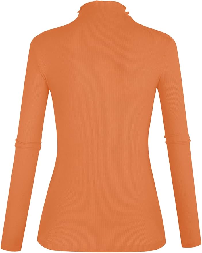 POPZONE Women's Lettuce Trim Mock Neck Long Sleeve Slim Fit Ribbed Knit Tee Shirt Tops