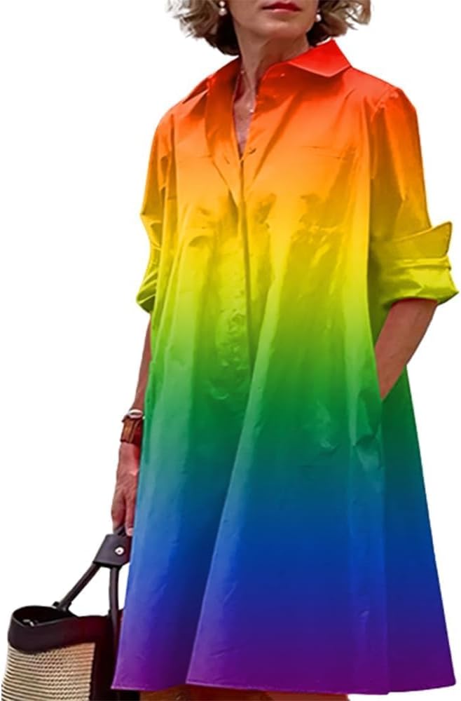 Womens 2025 Long Sleeve Button Down Shirt Summer Dress Casual V Neck Loose Fit Midi Shirt Dresses with Pockets