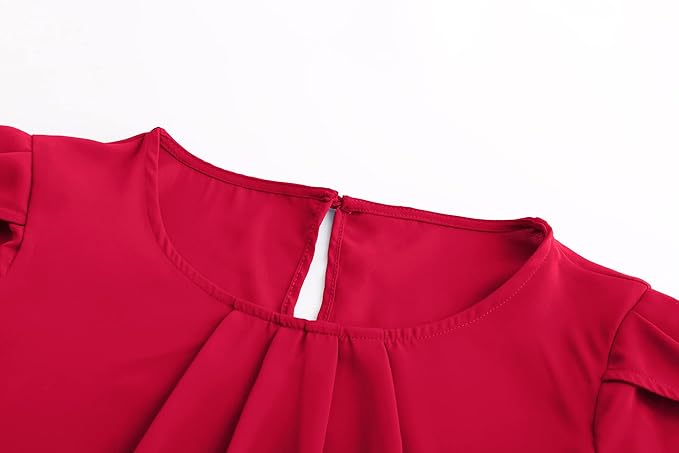 TASAMO Women's Casual Round Neck Basic Pleated Top Cap Sleeve Curved Keyhole Back Chiffon Blouse
