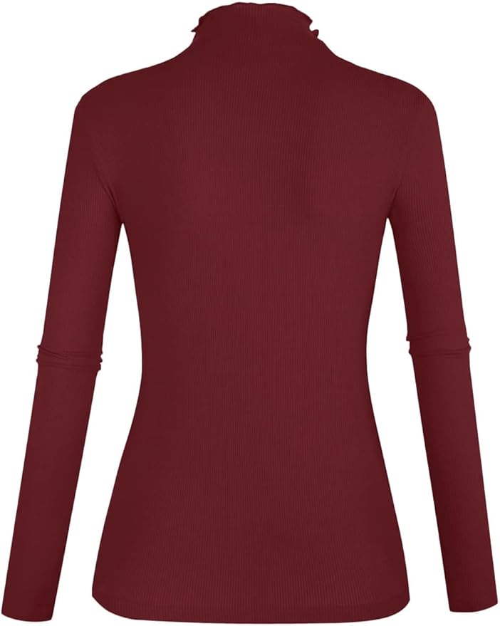 POPZONE Women's Lettuce Trim Mock Neck Long Sleeve Slim Fit Ribbed Knit Tee Shirt Tops