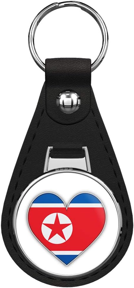 North Korea Heart Flag Keychain Black Premium Leather Key Chain with Key Ring