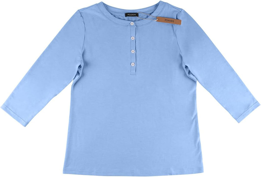 PGANDS Women's 3/4 Length Sleeve T Shirts Button Down Scoop Neck Casual Tops